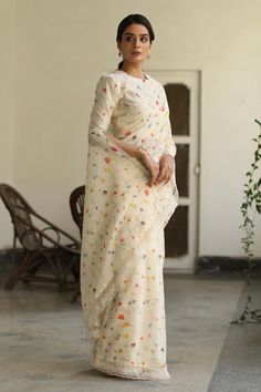 Buy Ivory Saree: Kota Print And Embroidery Floral Gule Aftab With Blouse For Women by Begum Pret Online at Aza Fashions.