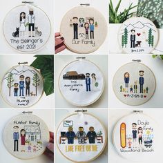 cross - stitch embroiderys are featured in different styles and sizes, including one for each family member