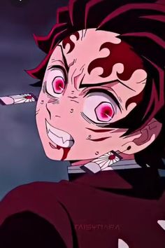 an anime character with red eyes and black hair, holding a knife in his mouth