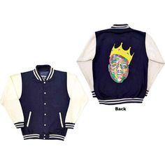 Biggie Smalls Crown Unisex Varsity Jacket Urban Cotton Varsity Jacket With Long Sleeves, Cotton Outerwear With Baseball Collar For Streetwear, Hip Hop Cotton Hooded Varsity Jacket, Hip Hop Hooded Cotton Varsity Jacket, Blue Hip Hop Outerwear For Streetwear, Hooded Cotton Varsity Jacket For Streetwear, Cotton Hooded Varsity Jacket In Hip Hop Style, Cotton Hooded Varsity Jacket For Streetwear, Hip Hop Cotton Varsity Jacket For Streetwear