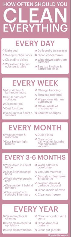 a pink poster with the words how often should you clean everything every day on it