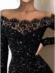 Weitese Women's Black Dress Party Dress Wedding Guest Dress Mini Dress Black Long Sleeve Dot Lace Spring Fall Winter Off Shoulder Fashion Winter Dress Wedding Guest Evening Party Wedding Guest Dress Mini, Winter Dress Wedding, Dress Black Long Sleeve, Women's Black Dress, Party Dress Wedding, Dress Wedding Guest, Off Shoulder Fashion, Mini Dress Black, Winter Dress