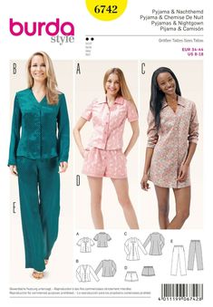 Burda Style sewing pattern - No.6742 Nightgown - pajamas - pajamas for her Order unit corresponds to: 1 original packaging pattern Women's pajamas and nightgowns for summer and winter. Fabric recommendation: Cotton fabrics, viscose, satin Ingredients: see photo Size: 34 - 44 levels: 2 - easy lightning idea24 House Project Ideas, Burda Sewing Patterns, Burda Patterns, Short Blouses, Knitting Fashion, Butterick Sewing Pattern, Burda Style, Fashion Sewing Pattern, Sewing Diy