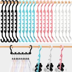 an assortment of clothes hangers on a rack