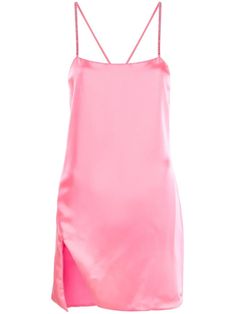 fluorescent pink square neck spaghetti straps glass crystal embellishment rear criss-cross straps slip silhouette side slit thigh-length Square Neck Slip Dress, Slip Mini Dress, Color Dresses, Barbie Core, Mini Dress Pink, Pink Square, The Attico, Strapless Midi Dress, Luxurious Fabric