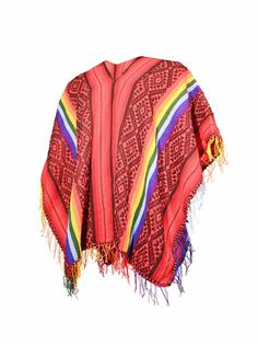 Our traditional woven red and black poncho with rainbow stripes is as stylish as it is practical at keeping the chill off. Pattern and fringe may vary slightly. Woven in the Sacred Valley of the Incas, Peru. Traditional Red One-size Poncho, Traditional Red Poncho For Fall, Traditional Red Fall Poncho, Traditional Red Shawl Poncho, Red Poncho For Festival In Fall, Red Bohemian Poncho For Festival, Traditional Red Poncho For Festivals, Red Fall Festival Poncho, Red Bohemian Poncho With Fringe