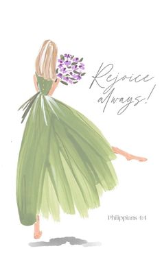 a drawing of a woman in a green dress holding flowers