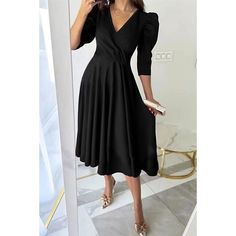 Season:Fall; Fabric:Polyester; Sleeve Length:3/4 Length Sleeve; Look After Me:Machine wash; Gender:Women's; Style:Classic,Elegant Dress; Elasticity:Micro-elastic; Occasion:Date,Tea Party,Wedding Guest; Details:Without Lining; Fit Type:Regular Fit; Dresses Type:Semi Formal Dress,Sheath Dress; Pattern:Solid Color; Design:High Waist; Neckline:V Neck; Sleeve Type:Puff Sleeve; Front page:FF; Listing Date:08/04/2024; Production mode:External procurement; Bust:; Length:; Sleeve:; Waist:; Dress Length T Elegant 3/4 Sleeve Dress For Wedding Guest, Solid Color A-line V-neck Party Dress, A-line V-neck Dress In Solid Color For Party, A-line V-neck Dress For Party, Spring Dinner Fitted V-neck Dress, Fitted V-neck Dress For Spring Dinner, Fitted V-neck Spring Dinner Dress, Pleated V-neck Dress For Wedding Guest, Spring Dinner V-neck Fitted Dress