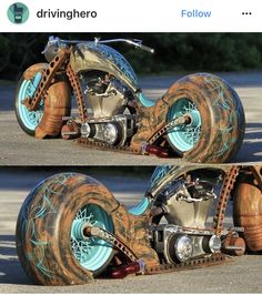 two pictures of a motorcycle with blue wheels