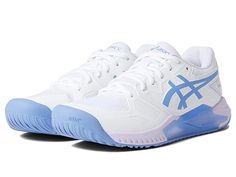 a white and blue tennis shoe with the word on it's upper soles