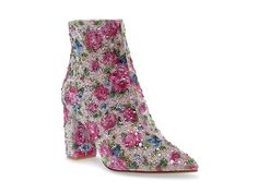 Blue by Betsey Johnson Cady - Women's Boots : Pink Floral : Spruce up your dressy look with a pop of sparkle and charm donning the Blue by Betsey Johnson Cady Booties. These party-ready ankle-high shoes highlight a synthetic upper with an eye-catching floral print and rhinestone embellishments throughout and are finished with a pointy toe, a block heel, and a secure zippered side closure. Synthetic lining and insole. Synthetic rubber outsole. Imported. Measurements: Heel Height: 3 1 2 in Weight: Glamorous Crystal Embellished Spring Boots, Glamorous Crystal-embellished Spring Boots, Glamorous Summer Party Boots, Summer Party Boots With Rhinestones, Evening Rhinestone Boots For Spring, Evening Boots With Rhinestones For Spring, Rhinestone Boots For Evening And Spring, Rhinestone Evening Boots For Spring, Glamorous Embellished Spring Boots