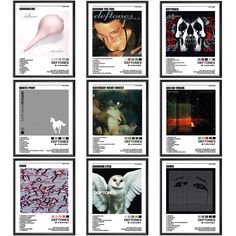 several different types of posters with animals and birds on them, all in black and white