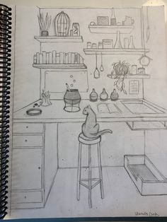 a drawing of a cat sitting on a stool in a kitchen