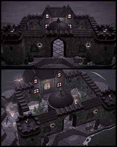 two different views of a castle in the dark