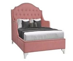 a pink bed with black and white pillows on it's headboard, in front of a white background