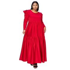 This maxi dress features eye-catching statement shoulders and a flowing tiered hem, creating a dramatic and glamorous look that is perfect for any formal occasion. Red Tiered Maxi Dress For Party, Red Ruffled Floor-length Maxi Dress, Red Tiered Dress For Fall, Elegant Red Maxi Dress With Ruffle Hem, Fall Tiered Maxi Dress For Party, Elegant Red Tiered Midi Dress, Red Maxi Dress With Ruffle Hem, Fall Party Maxi Dress With Ruffles, Formal Red Maxi Dress With Ruffles