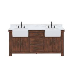 double sink vanity with marble top and two faucets on each side, in walnut finish