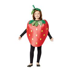 Strawberry child costume. A sweet and sparkly strawberry! Includes: fun tunic designed to wear over clothing. Headpiece finishes the costume with fruity flavor. SIZE: M/L- 7-10. Black shirt, pants and shoes are not included.Base Material: 100% PolyesterCare: Hand WashCountry of Origin: Made in US Strawberry Fancy Dress For Kids, Strawberry Costume Diy, Strawberry Halloween, Strawberry Costume, Strawberry Outfit, Fruit Costumes, Carnival Crafts, Food Costumes, Black Halloween Dress