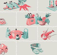 an image of different types of kitchen utensils on a tile background with lobsters, pineapples and other food items