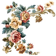 an ornate floral design with many flowers and leaves on it's side, in pastel colors