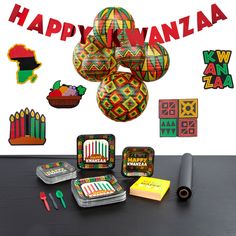 there are many items on the table with happy waana written above them and in front of it