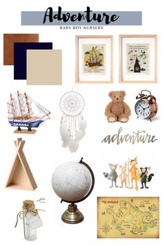 a collage of baby boy nursery items including an antique globe, teddy bear and other toys