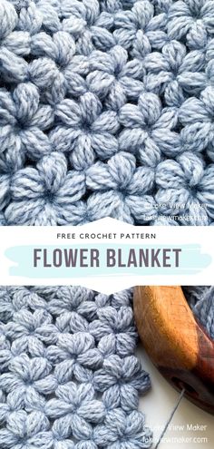 the crochet flower blanket is shown with a wooden spoon and yarn on it