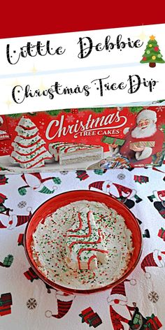 a christmas tree dip in a red bowl on a table next to a box of candy canes