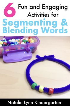 a purple bracelet with beads on it next to a plastic container filled with colorful beads and the words, fun and engaging activities for segment & blending