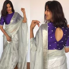 Silver Sari Blouse Design, New Silk Saree Blouse Designs, Saree Blouse Styles 2023, Semi Silk Blouse Design, Silver Zari Maggam Work Blouses, Semi Silk Saree Blouse Designs, Blouse Designs For Transparent Saree, Grey Silk Saree With Contrast Blouse, Simple Silver Work Blouse Designs