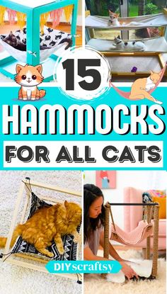 the cover of 15 hammocks for all cats is featured in this collage