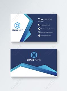 two business cards with blue and white shapes