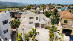 an aerial view of houses and palm trees