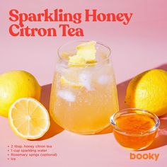 an advertisement for sparkling honey citron tea with lemons