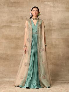 Ridhi Mehra-Teal Rushed Anarkali Paired With Cape-INDIASPOPUP.COM Sleeveless Anarkali, Silk Anarkali Gown, Gold Organza, Ridhi Mehra, Cape For Women, Silk Anarkali, Designer Anarkali Suits, Embroidered Crop Tops, Designer Anarkali