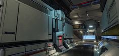 the interior of a space station with lights on and lots of cabinets in each room