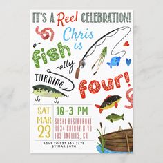 a birthday card with fish and fishing related items on it, including the words let's reel in some fun