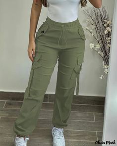 Olivia Mark - Versatile Drawstring Pants with Functional Pocket Design Summer Khaki Cargo Pants With Drawstring, Non-stretch Full Length Drawstring Bottoms, Casual Summer Cargo Pants With Drawstring, Baggy Green Bottoms With Drawstring, Khaki Drawstring Bottoms For Spring, Khaki Bottoms With Drawstring For Spring, Spring Khaki Drawstring Bottoms, Green Drawstring Bottoms For Fall, Spring Khaki Bottoms With Drawstring