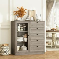 a wooden cabinet with many drawers in a room