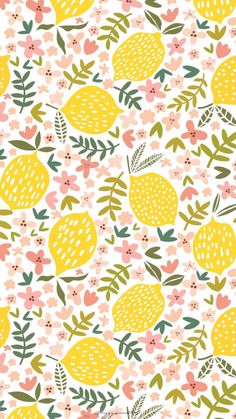 a white background with yellow and pink flowers, pineapples and leaves on it