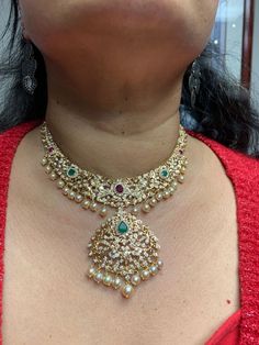 22 Karat Gold Necklace with Cz, Color Stones & Japanese Culture Pearls - 235-GN4464 - in 53.550 Grams for USD $3819.99. 
Made in India by Totaram Jewelers Online this product is in Gold - 22 Karat BIS Hallmark 916 KDM Gold  & is an excellent gift for Adult - Women. Ships fully insured with secured guaranteed delivery for free with your order over $250 from New Jersey USA & comes with 30 days exchange policy. Traditional Gold Jeweled Pearl Necklace, Gold Diamond Chandbali Necklaces, Gold Chandbali Diamond Necklaces, Traditional Jeweled Necklaces For Anniversary, 22k Gold Jeweled Necklace, 22k Gold Necklace, Color Stones, Gifts For Adults, Japanese Culture