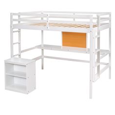 a white loft bed with a desk underneath it