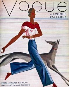 a woman in blue pants is running with a dog on the cover of a magazine