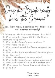 the bride's questions for her wedding day are shown in this printable poster