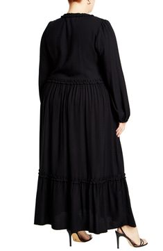 Add some elegance to your next dinner-date look in this flowy, tiered maxi dress that's trimmed with dainty ruffles and framed by voluminous long sleeves. 52" length Slips on over head V-neck Long sleeves with elastic cuffs Unlined 100% viscose Machine wash, line dry Imported Chic Maxi Dresses, Maxi Dress Navy, Dress Home, Tiered Maxi Dress, Maxi Wrap Dress, City Chic, Tiered Dress, Retro Dress, Nordstrom Dresses