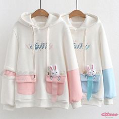 Qteee - Exquisite Rabbit Embroidery Hoodie with Letter Detailing and Functional Pocket Rabbit Embroidery, Embroidery Hoodie, Pink Blue, Autumn Winter, Sleeve Length, Embroidery, Long Sleeve, Pink, Blue