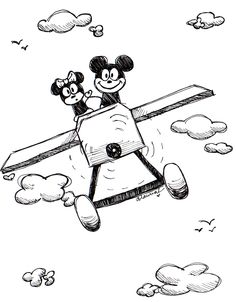 mickey and minnie mouse flying through the sky on an airplane with clouds in the background