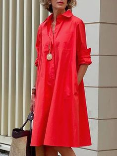 Mode Over 50, Office Party Dress, Loose Shirt Dress, Dress Sleeve Length, Collared Shirt Dress, Casual Long Sleeve Shirts, Shirt Dress Casual, Loose Outfit, Turndown Collar