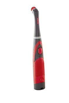 the electric toothbrush is red and gray with a black handle on it's side