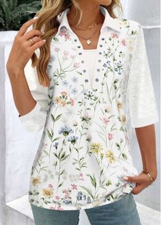 Color:White;Size:S;Size:M;Size:L;Size:XL;Size:XXL;Package Contents:1 X Blouse;Occasion:Other;Style:Casual; White Shirt Collar, Shirt Collar Blouse, Half Sleeve Shirt, Womens Trendy Tops, Trendy Tops For Women, Half Sleeve Shirts, Half Sleeve Blouse, Floral Print Shirt, Women Shirts Blouse